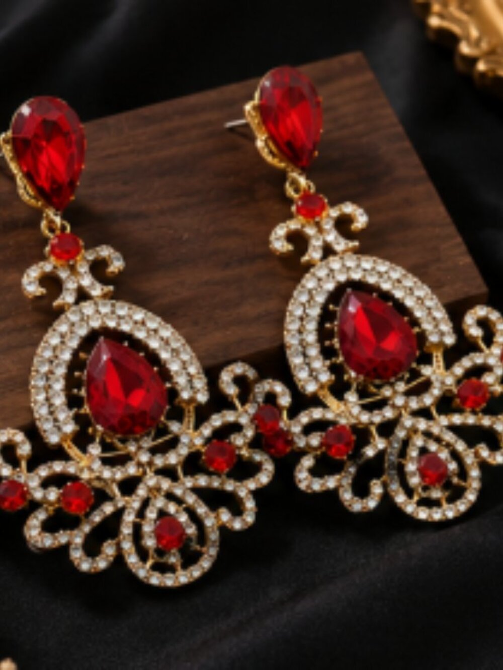 Vintage Style Red Rhinestone Chandelier Statement Earrings Gold Tone